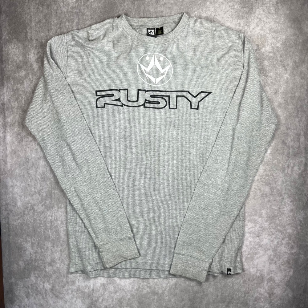 VTG Rusty Mens Heather Grey Waffle Knit Thermal Long Sleeve Graphic Logo Shirt M